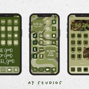 May include: Three different phone screens with green and brown camouflage patterns. The first screen has the text "BE GOOD. DO GOOD. FEEL GOOD." The second screen has the text "Better days will come" and "too blessed to be stressed". The third screen has the text "9:52 PM" and "Widgetsmith".