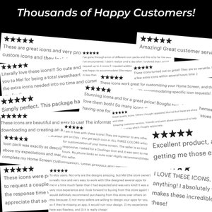 May include: A collage of positive customer reviews for a digital product, likely icons for a phone home screen. The reviews highlight the quality, ease of use, and customer service of the product. The text includes phrases like "great icons", "easy to use", "amazing customer service", and "love them both!"