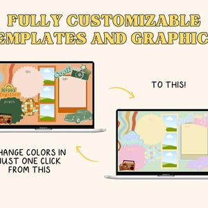 May include: A laptop screen displaying two different versions of a digital desktop background. The first version has a peach background with a retro design and the text "Happy Together" and "projds". The second version has a light blue background with a retro design and the text "Cool" and "tips".