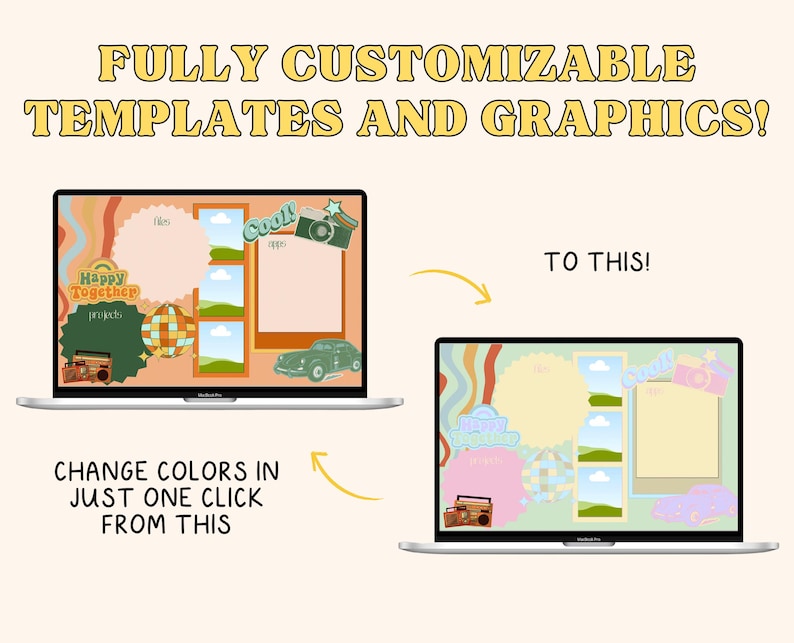 May include: A laptop screen displaying two different versions of a digital desktop background. The first version has a peach background with a retro design and the text "Happy Together" and "projds". The second version has a light blue background with a retro design and the text "Cool" and "tips".
