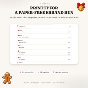May include: A digital shopping list interface titled Shopping List with store names like Amazon and Target, item descriptions, and prices. The layout includes buttons for one-click print view, CSV export, and mobile access, decorated with a gold bell and gingerbread man.