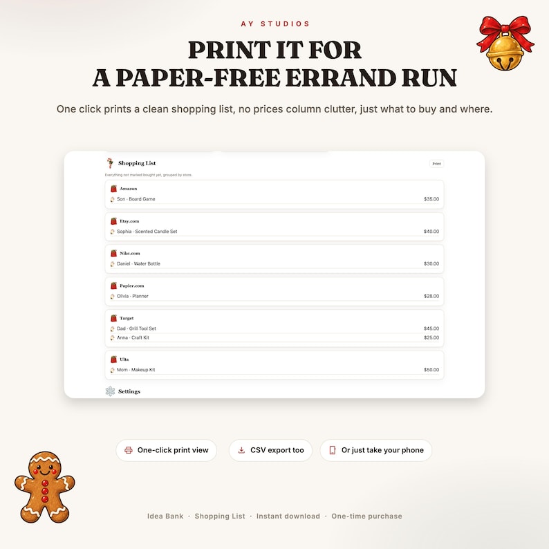 May include: A digital shopping list interface titled Shopping List with store names like Amazon and Target, item descriptions, and prices. The layout includes buttons for one-click print view, CSV export, and mobile access, decorated with a gold bell and gingerbread man.