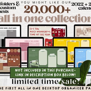 May include: A collage of computer screens displaying various desktop calendar designs. The screens feature different color schemes and designs, including a fireplace, a Christmas tree, and a floral pattern. The text "20,000+ calendars" and "all in one collection" is displayed at the top of the image. The text "NOT INCLUDED IN THIS PURCHASE - LINK IN DESCRIPTION BOX BELOW!" is displayed in a green box at the bottom of the image.