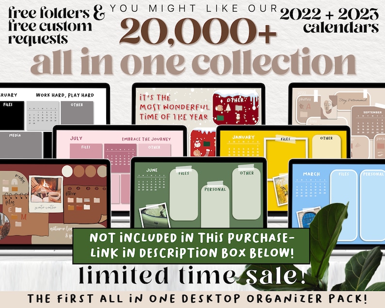 May include: A collage of computer screens displaying various desktop calendar designs. The screens feature different color schemes and designs, including a fireplace, a Christmas tree, and a floral pattern. The text "20,000+ calendars" and "all in one collection" is displayed at the top of the image. The text "NOT INCLUDED IN THIS PURCHASE - LINK IN DESCRIPTION BOX BELOW!" is displayed in a green box at the bottom of the image.