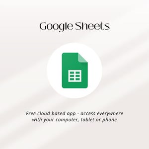 Puede incluir: El logotipo de Google Sheets presenta un icono de documento verde con una cuadr&iacute;cula blanca dentro de un c&iacute;rculo blanco. El texto "Google Sheets" est&aacute; encima del icono. Debajo, el texto dice "Aplicaci&oacute;n gratuita basada en la nube: acceda a ella en cualquier lugar con su ordenador, tableta o tel&eacute;fono."