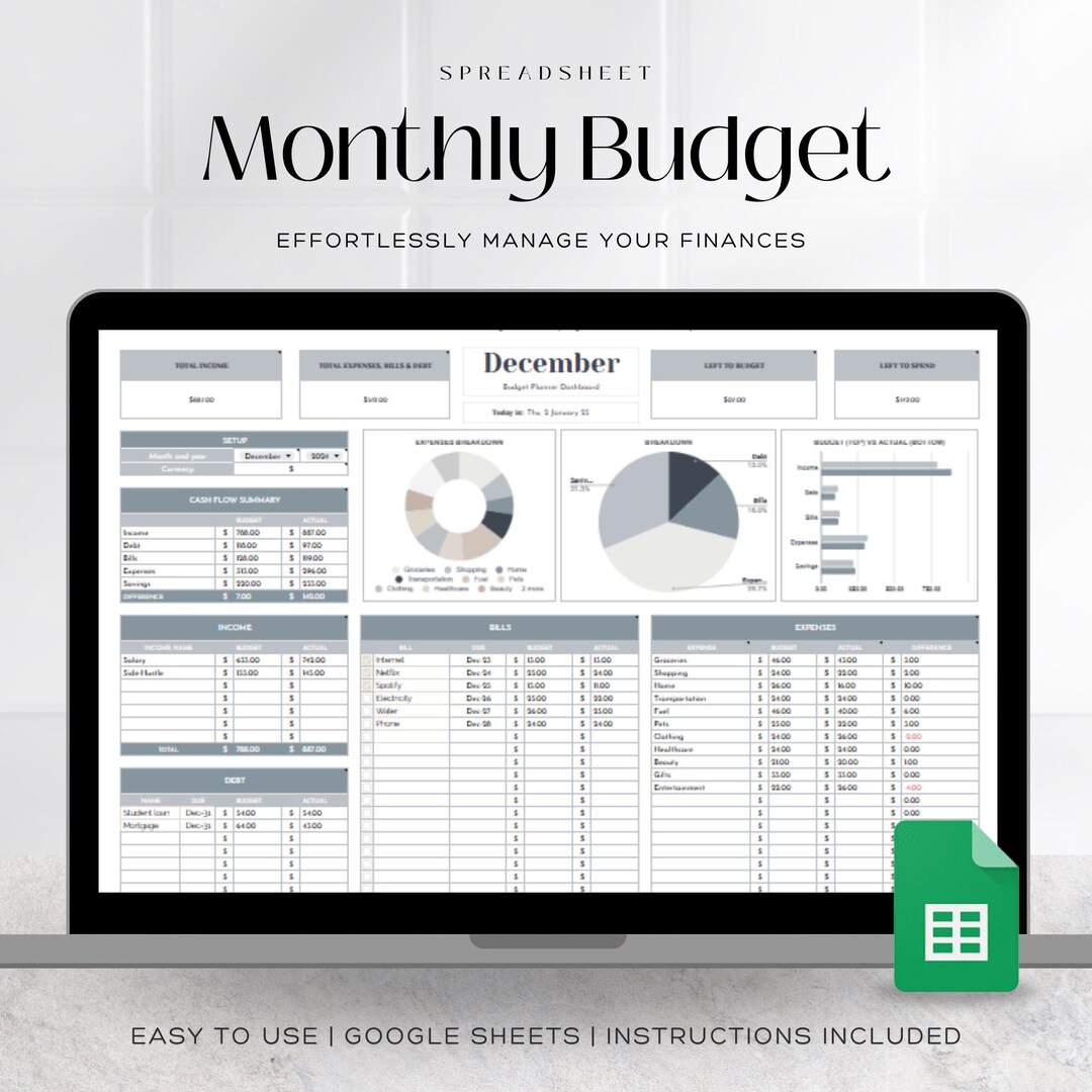 Monthly Budget Planner Spreadsheet, Google Sheets Budget, Simple Budget ...