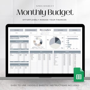 May include: A laptop screen displaying a Google Sheet spreadsheet titled "Monthly Budget" with a December budget planner. The spreadsheet includes sections for income, expenses, bills, and savings. The spreadsheet also includes charts and graphs to visualize the data.