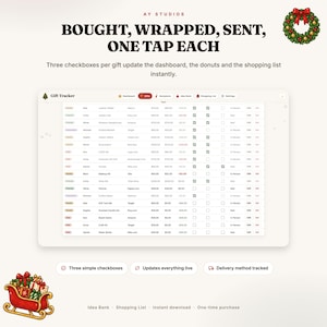 May include: A digital gift tracker interface featuring a table with columns for recipient, gift, store, budget, cost, and status checkboxes. The header reads BOUGHT, WRAPPED, SENT, ONE TAP EACH. Includes a Christmas wreath icon and a red sleigh graphic.