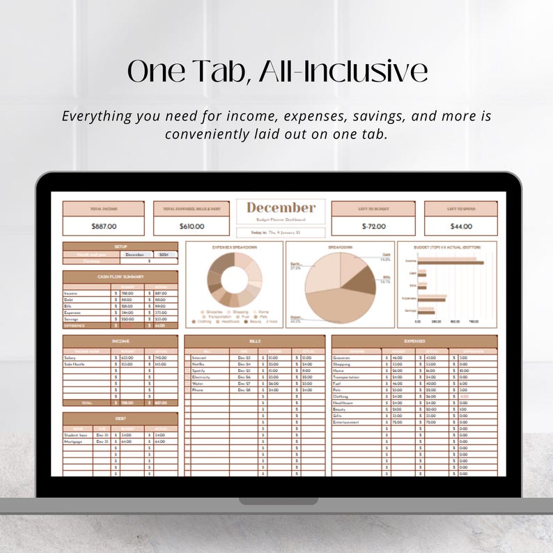 May include: A computer screen displaying a budget spreadsheet with a brown and white color scheme. The spreadsheet is titled "December Budget Planner Dashboard" and includes sections for income, expenses, savings, and more.