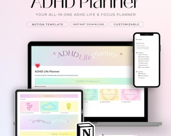 May include: A digital planner for Notion, designed to help people with ADHD manage their time and focus. The planner features a colourful design with a pink, yellow, and blue colour scheme. The planner includes sections for to-do lists, schedules, reflections, routines, mood tracking, and habit tracking. The planner is customisable and can be downloaded instantly.