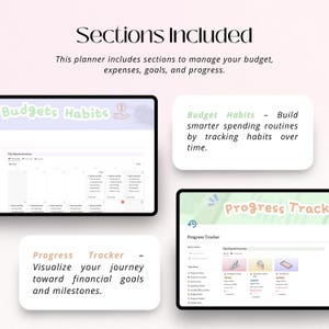 Puede incluir: Un planificador digital con secciones para presupuestos, seguimiento de h&aacute;bitos y progreso. El planificador incluye el texto "Budgets Habits" y "Progress Tracker". Est&aacute; dise&ntilde;ado para ayudar a administrar las finanzas y lograr metas financieras.