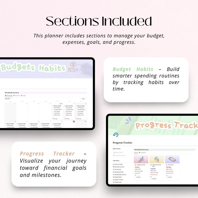 Puede incluir: Un planificador digital con secciones para presupuestos, seguimiento de h&aacute;bitos y progreso. El planificador incluye el texto "Budgets Habits" y "Progress Tracker". Est&aacute; dise&ntilde;ado para ayudar a administrar las finanzas y lograr metas financieras.