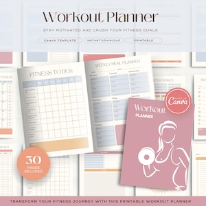 May include: A printable workout planner with a pink cover featuring a woman lifting a dumbbell. The planner includes sections for fitness to-dos, weekly meal planning, and fitness goals. The text "Workout Planner" and "30 pages included" are visible.