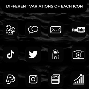May include: A grid of 12 black squares with white icons representing popular social media platforms, apps, and websites. The icons include a squirrel, chat bubbles, an envelope, YouTube, TikTok, Twitter, Among Us, a camera, PayPal, Instagram, a newspaper, and a bar graph.