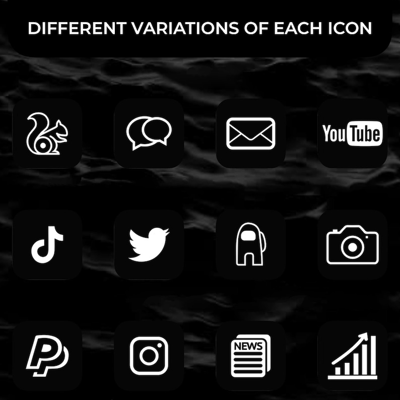 May include: A grid of 12 black squares with white icons representing popular social media platforms, apps, and websites. The icons include a squirrel, chat bubbles, an envelope, YouTube, TikTok, Twitter, Among Us, a camera, PayPal, Instagram, a newspaper, and a bar graph.