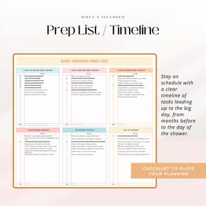 Puede incluir: Una lista de preparaci&oacute;n y una l&iacute;nea de tiempo para el baby shower, con secciones para 3 meses, 1 mes, 2 semanas, 1 semana, el d&iacute;a anterior y el d&iacute;a del baby shower. El texto incluye "What's Included" y "Checklist to Guide Your Planning."