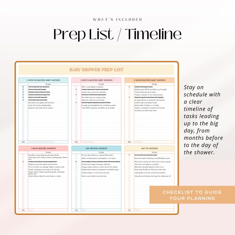 Puede incluir: Una lista de preparaci&oacute;n y una l&iacute;nea de tiempo para el baby shower, con secciones para 3 meses, 1 mes, 2 semanas, 1 semana, el d&iacute;a anterior y el d&iacute;a del baby shower. El texto incluye "What's Included" y "Checklist to Guide Your Planning."