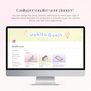 Puede incluir: Un monitor de computadora muestra una interfaz de planificador digital con las palabras "Wealth Goals" en la parte superior. La pantalla muestra varias herramientas de seguimiento financiero, incluido un rastreador de finanzas, un rastreador de gastos y h&aacute;bitos presupuestarios. El texto "&iexcl;Personaliza f&aacute;cilmente tu planificador!" tambi&eacute;n es visible.