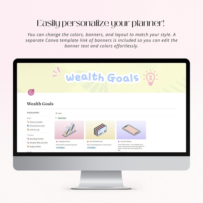 Puede incluir: Un monitor de computadora muestra una interfaz de planificador digital con las palabras "Wealth Goals" en la parte superior. La pantalla muestra varias herramientas de seguimiento financiero, incluido un rastreador de finanzas, un rastreador de gastos y h&aacute;bitos presupuestarios. El texto "&iexcl;Personaliza f&aacute;cilmente tu planificador!" tambi&eacute;n es visible.