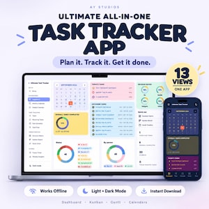 Pode incluir: Uma interface de aplicativo de rastreamento de tarefas exibida na tela de um laptop e um smartphone. O painel inclui um calendário, listas de tarefas e gráficos coloridos. Texto: Ultimate All-In-One Task Tracker App, Plan it. Track it. Get it done., 13 Views One App, Works Offline, Light + Dark Mode, Instant Download, Dashboard, Kanban, Gantt, Calendars.