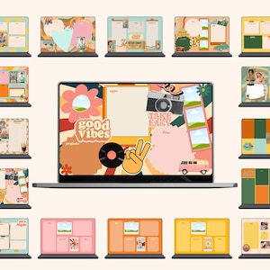 May include: A collection of 15 digital desktop backgrounds in a retro 70s style. The backgrounds feature various colors, patterns, and graphics, including a vintage van, a record player, and a camera. The text "good vibes" and "take it easy" are featured on some of the backgrounds.