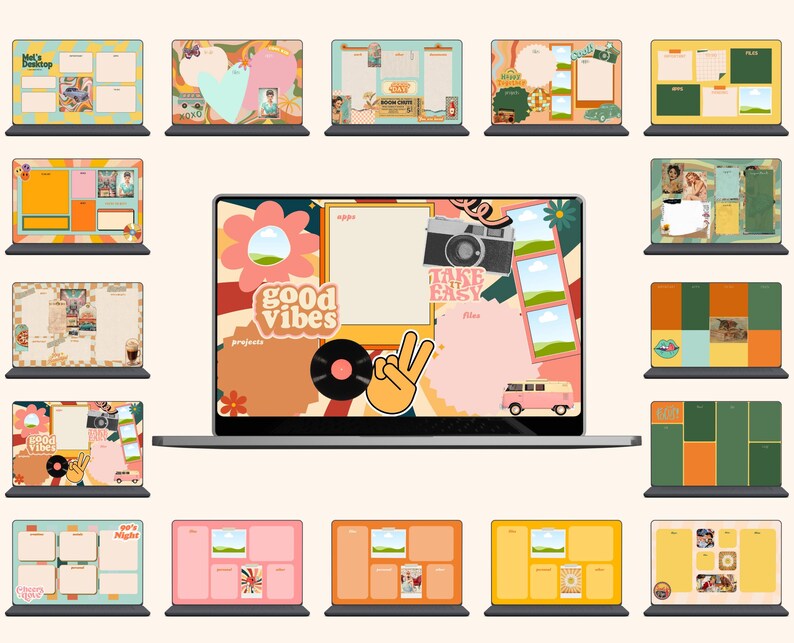 May include: A collection of 15 digital desktop backgrounds in a retro 70s style. The backgrounds feature various colors, patterns, and graphics, including a vintage van, a record player, and a camera. The text "good vibes" and "take it easy" are featured on some of the backgrounds.