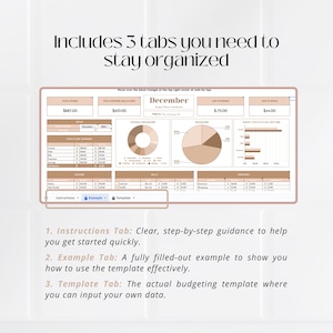 May include: A digital budget planner template with three tabs: Instructions, Example, and Template. The template includes a pie chart, bar graphs, and a table for tracking income and expenses. The template is designed to help users stay organized with their finances.
