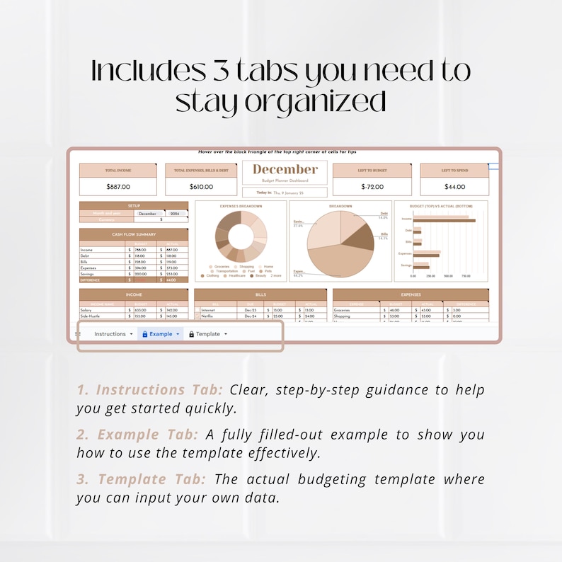 May include: A digital budget planner template with three tabs: Instructions, Example, and Template. The template includes a pie chart, bar graphs, and a table for tracking income and expenses. The template is designed to help users stay organized with their finances.