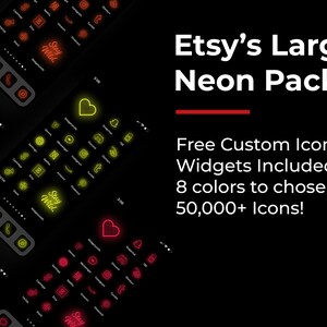 May include: A collection of neon-coloured icons for mobile phones. The icons are arranged in a grid pattern and include a variety of designs, such as hearts, stars, and geometric shapes. The text "Stay Wild" is featured in a neon yellow colour. The text "Etsy's Largest Neon Pack!" is featured in white text. The text "Free Custom Icons! Widgets Included! 8 colours to choose from! 50,000+ Icons!" is featured in white text.