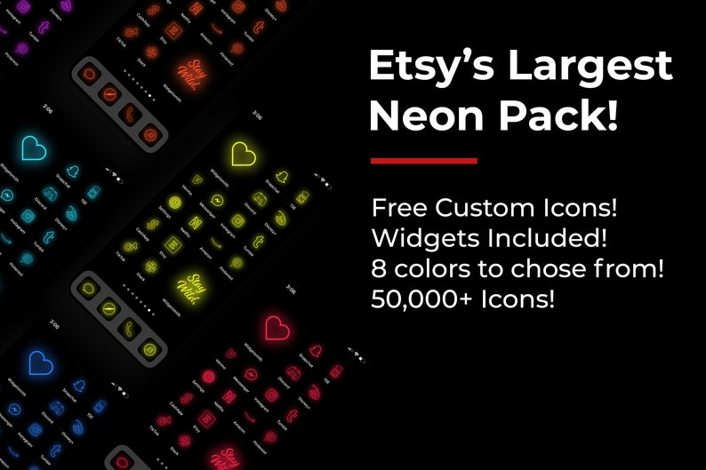 May include: A collection of neon-coloured icons for mobile phones. The icons are arranged in a grid pattern and include a variety of designs, such as hearts, stars, and geometric shapes. The text "Stay Wild" is featured in a neon yellow colour. The text "Etsy's Largest Neon Pack!" is featured in white text. The text "Free Custom Icons! Widgets Included! 8 colours to choose from! 50,000+ Icons!" is featured in white text.