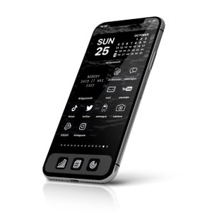 May include: A black and white smartphone mockup with a dark theme and a calendar widget showing October 25th. The screen displays a variety of app icons, including social media, messaging, and productivity apps. The text "Nobody said it was easy" is displayed on the screen.
