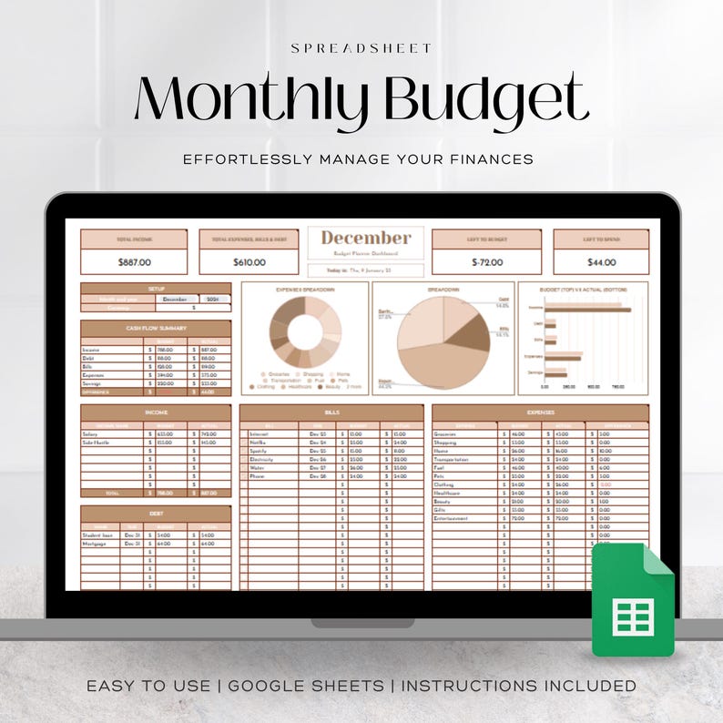 May include: A laptop screen displaying a Google Sheets spreadsheet titled "Monthly Budget" with a brown and beige color scheme. The spreadsheet includes sections for income, expenses, bills, and savings. The spreadsheet is designed to help users track their finances and create a budget.