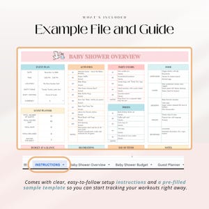 Puede incluir: Una plantilla de resumen de baby shower con secciones para la planificaci&oacute;n del evento, actividades, obsequios de fiesta y comida. La plantilla incluye un planificador de invitados y una secci&oacute;n de presupuesto. El documento est&aacute; en un esquema de color pastel suave.