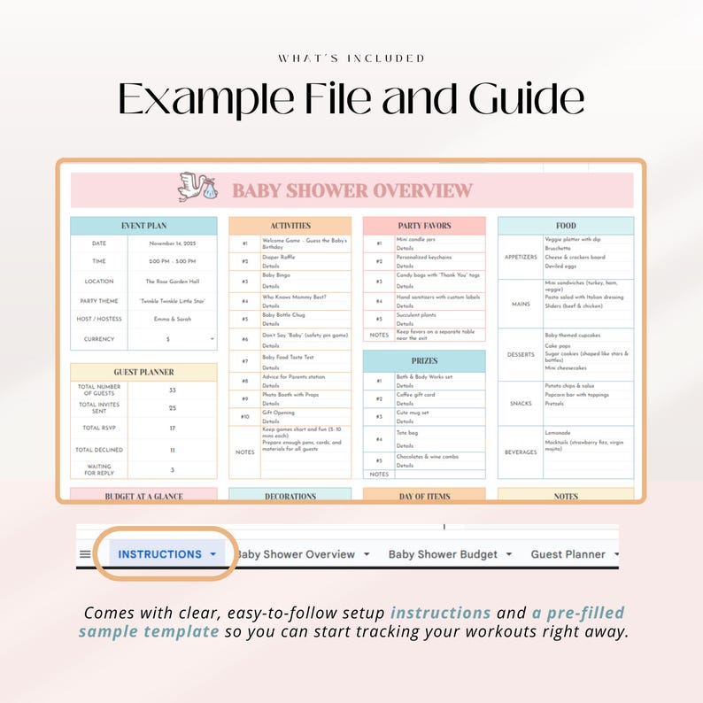 Puede incluir: Una plantilla de resumen de baby shower con secciones para la planificaci&oacute;n del evento, actividades, obsequios de fiesta y comida. La plantilla incluye un planificador de invitados y una secci&oacute;n de presupuesto. El documento est&aacute; en un esquema de color pastel suave.