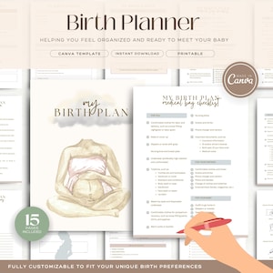 Modèle de plan de naissance imprimable, classeur de planification des naissances, planificateur de grossesse, plan de travail et d'accouchement, liste de contrôle de sac d'hôpital, guide de souhaits de naissance