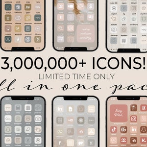 May include: A collection of nine iPhone screens displaying different app icons in a minimalist style with neutral colours like beige, brown, and grey. The text "3,000,000+ ICONS! LIMITED TIME ONLY all in one pack!" is displayed below the screens.