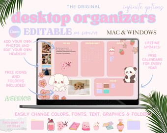 Editable Dreamy Pastel Desktop Organizers | Wallpapers & Folder Icons | Canva Template Mac + Windows | School Work Business Productivity