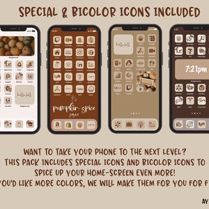 May include: Four iPhone screens with custom app icons. The icons are in a fall theme with brown, orange, and white colors. The text on the screens reads "hello fall", "pumpkin spice", and "7:21pm".