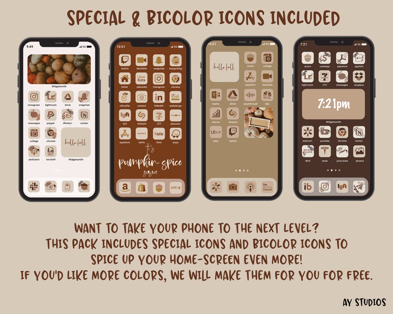 May include: Four iPhone screens with custom app icons. The icons are in a fall theme with brown, orange, and white colors. The text on the screens reads "hello fall", "pumpkin spice", and "7:21pm".