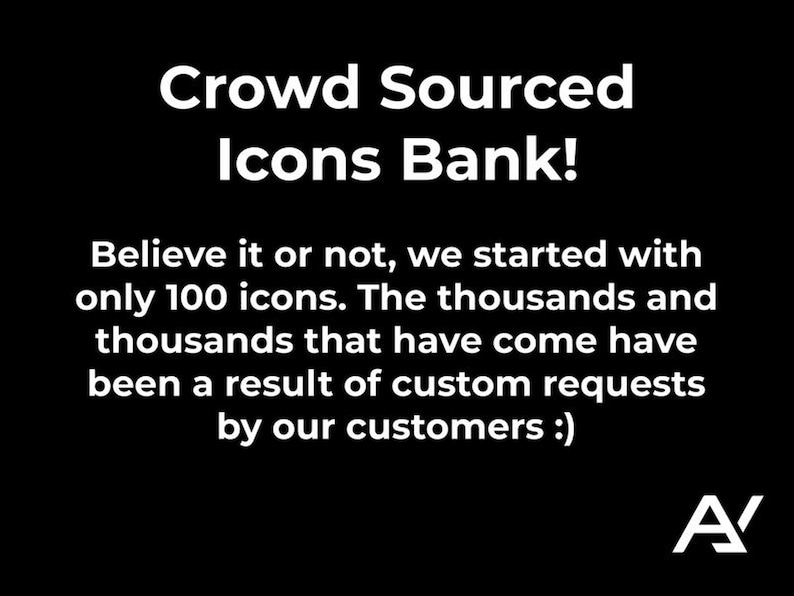 May include: White text on a black background reads "Crowd Sourced Icons Bank!"  Believe it or not, we started with only 100 icons. The thousands and thousands that have come have been a result of custom requests by our customers :)  A white letter A with a diagonal slash through it.