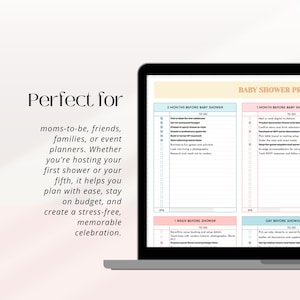 Puede incluir: Una pantalla de port&aacute;til muestra una lista de verificaci&oacute;n para la planificaci&oacute;n de un baby shower. La lista est&aacute; dividida en secciones para 3 meses, 1 mes, 1 semana y el d&iacute;a anterior a la fiesta. El texto "Perfect for" est&aacute; arriba.