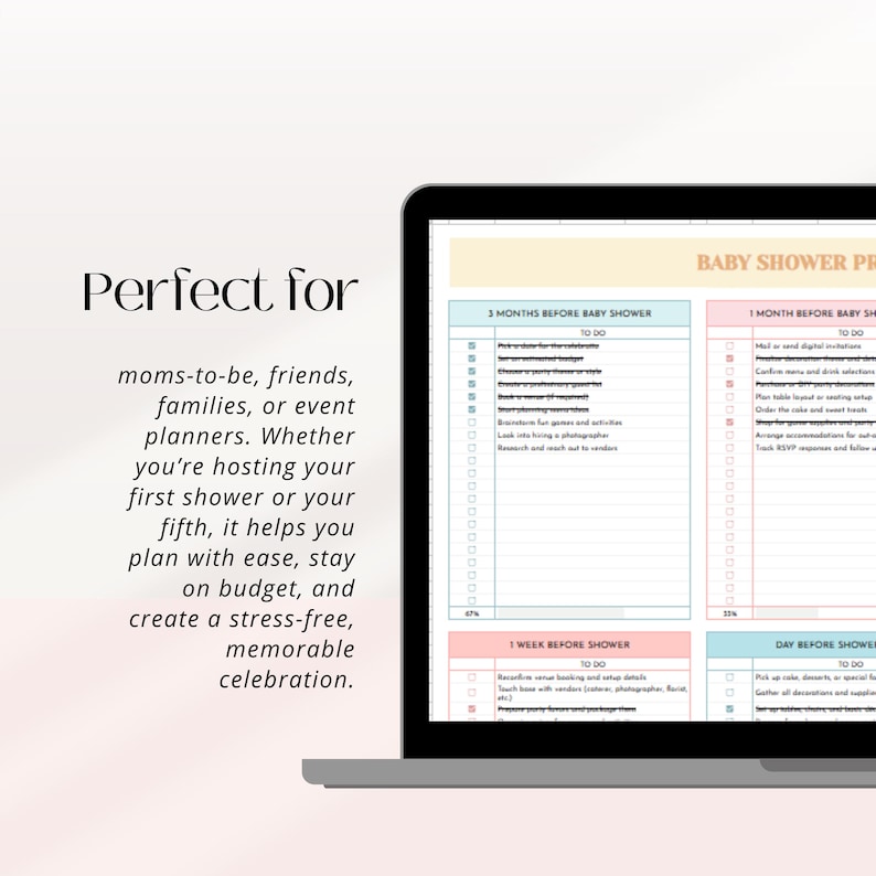 Puede incluir: Una pantalla de port&aacute;til muestra una lista de verificaci&oacute;n para la planificaci&oacute;n de un baby shower. La lista est&aacute; dividida en secciones para 3 meses, 1 mes, 1 semana y el d&iacute;a anterior a la fiesta. El texto "Perfect for" est&aacute; arriba.