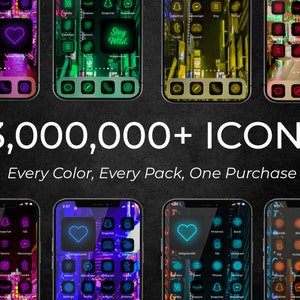 May include: Eight different phone screens displaying a variety of neon-colored app icons. The text "3,000,000+ ICONS" and "Every Color, Every Pack, One Purchase" is displayed below the phone screens.