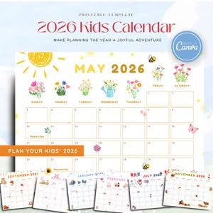 Könnte beinhalten: Druckbarer Kinderkalender 2026 mit weißem Hintergrund, der den Monat Mai mit floralen Illustrationen und einer Sonnengrafik zeigt. Zusätzliche Kalendermonate sind unten abgebildet. Der Text lautet: "Planen Sie das Jahr zu einem freudigen Abenteuer."