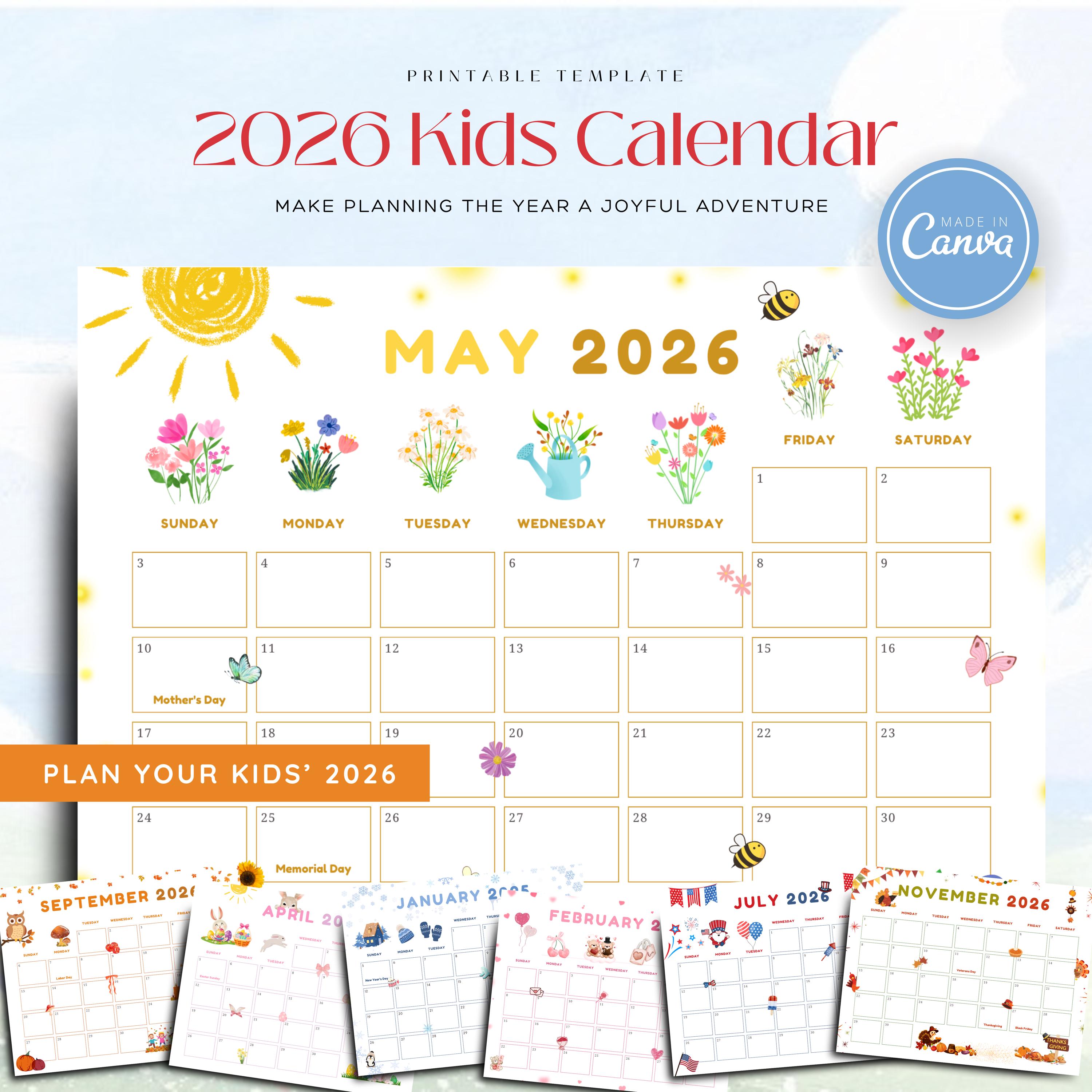 2026 Cute Calendar Printable, Kids Calendar 2026 Templates, Wall ...