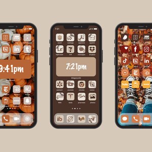 May include: Three iPhone home screens with custom app icons. The icons are in a fall color palette of orange, brown, and white. The background of the first screen is a pattern of orange pumpkins, the second screen is a brown background with a floral design, and the third screen is a photo of fall leaves and a pair of feet wearing sneakers.