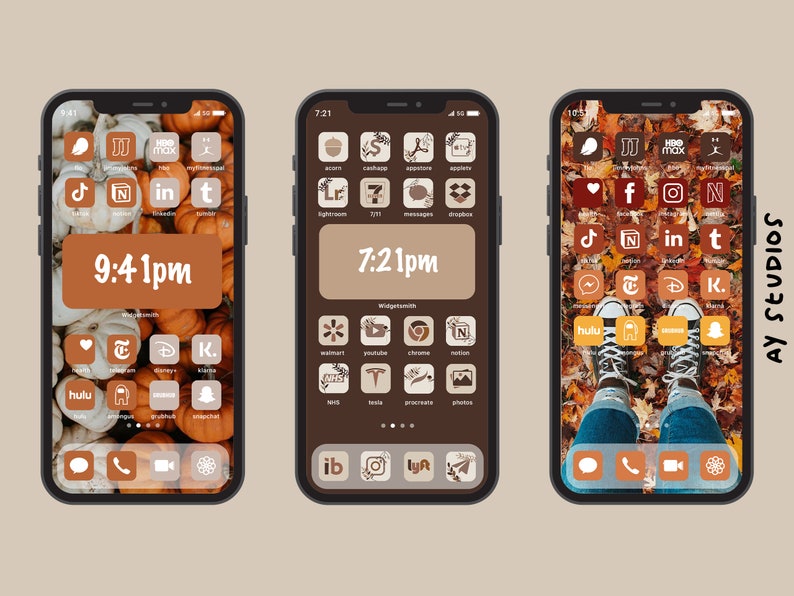 May include: Three iPhone home screens with custom app icons. The icons are in a fall color palette of orange, brown, and white. The background of the first screen is a pattern of orange pumpkins, the second screen is a brown background with a floral design, and the third screen is a photo of fall leaves and a pair of feet wearing sneakers.