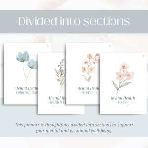 May include: A planner with four sections, each featuring watercolor floral illustrations. The sections are labeled "Mental Health Coloring Page," "Mental Health Overview," "Mental Health & Info," and "Mental Health Toolkit." The text "Divided into sections" is at the top.