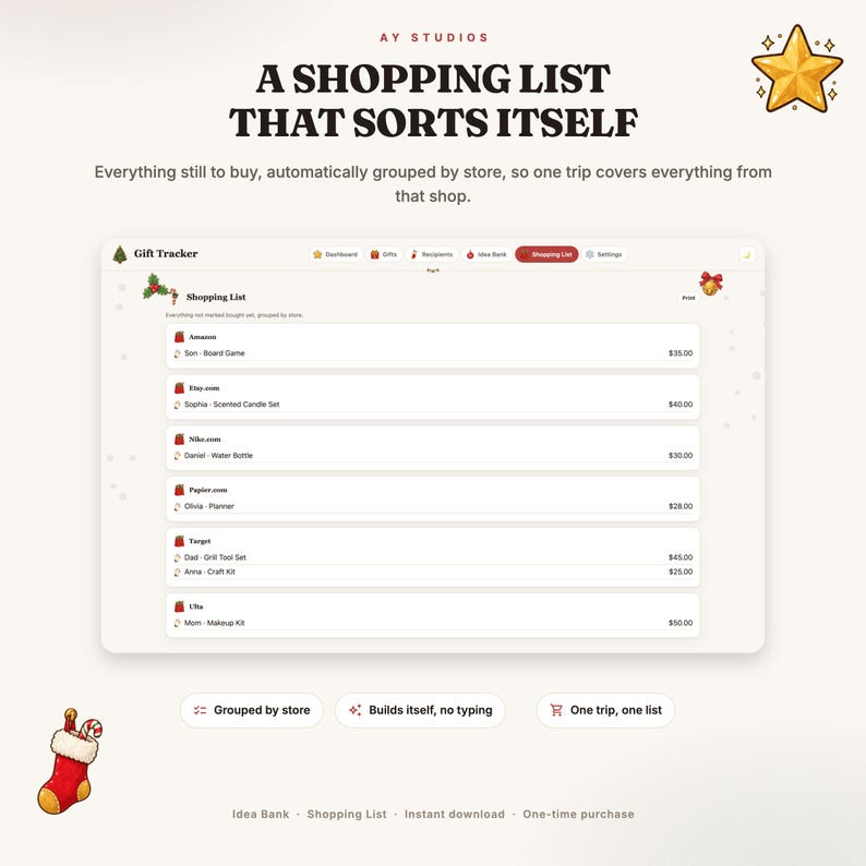 May include: A digital gift tracker interface titled A SHOPPING LIST THAT SORTS ITSELF. The screen displays a list of items grouped by store, including Amazon, Etsy, Nike, Papier, Target, and Ulta, with prices ranging from $25.00 to $50.00.