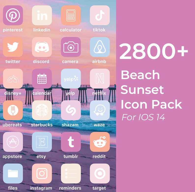 2800 iPhone IOS 14 App Icons Beach Sunset Pastel Aesthetic